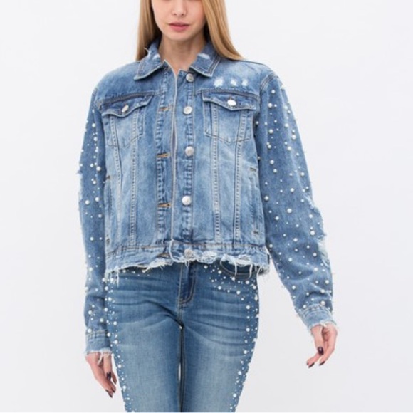 Blue Frayed Pearl Embellished Denim Jacket NWT - (#0001) - Picture 3 of 7